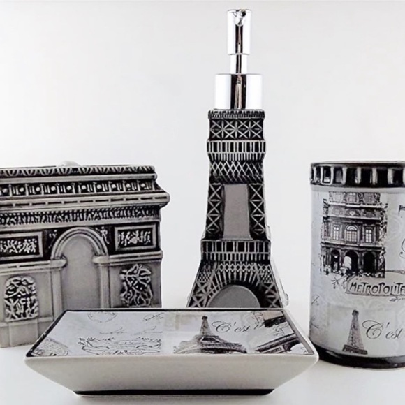Eiffel Tower Paris Bathroom Ceramic Soap Dispenser Toothbrush Holder 2 Pieces - Picture 11 of 16